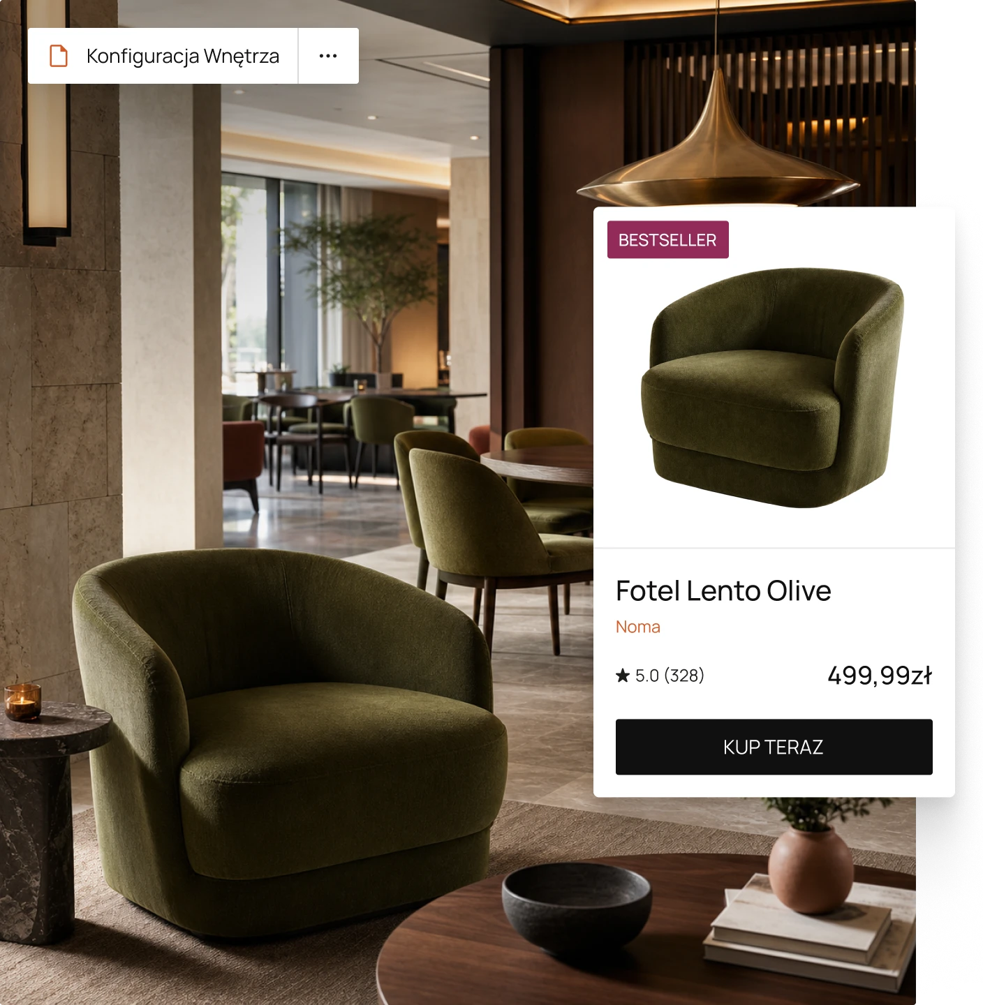 Aranżacja wnętrza ze zbliżeniem na zielony fotel i nałożoną kartą produktu „Fotel Lento Olive” z ceną i przyciskiem „Kup teraz”.