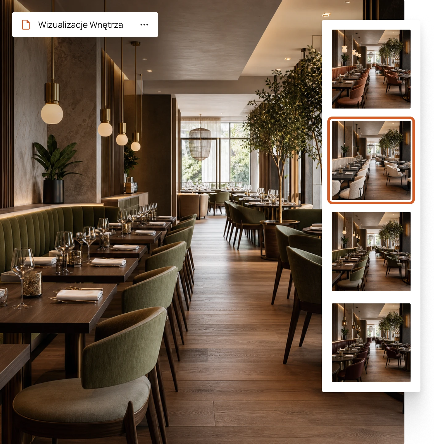 Wizualizacja eleganckiego wnętrza restauracji w aplikacji EasyDecorate z umieszczoną po prawej stronie galerią miniaturowych wariantów aranżacji.